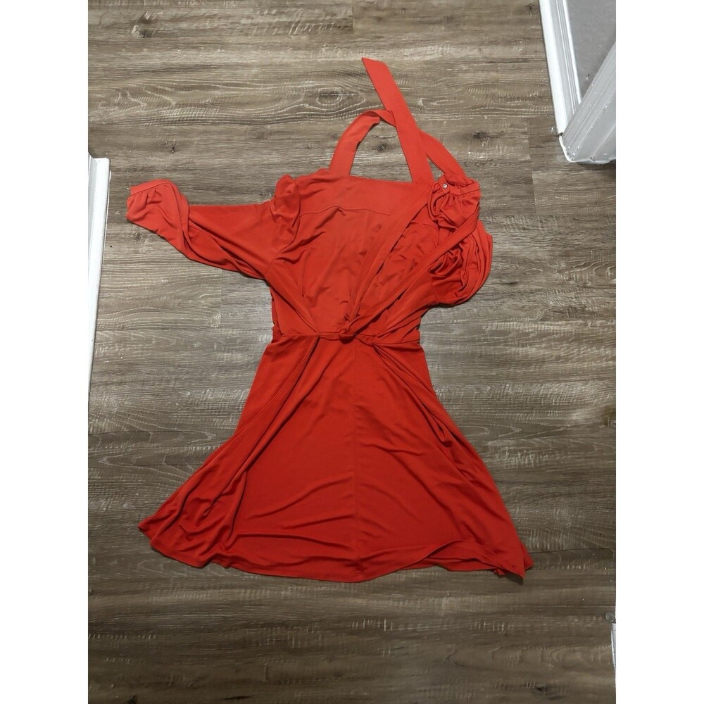 Lauren Ralph Lauren Orange Red Surplice Jersey Flutter-Sleeve Belted Dress 18 W - Picture 3 of 5